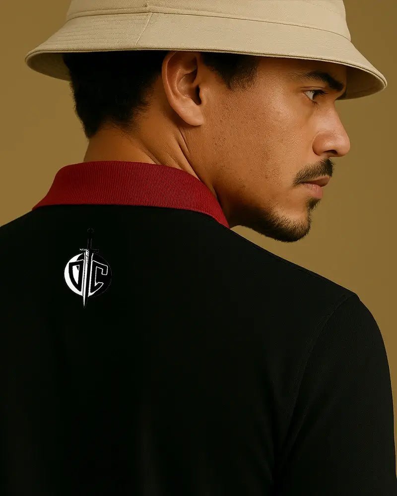 Pantera Golf Polo Model Close Up Back Pose Tan Red Black Performance Polo Top Down Control