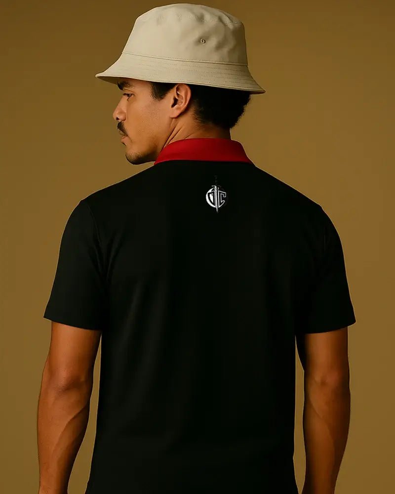 Pantera Golf Polo Model Back Pose Tan Red Black Performance Polo Top Down Control