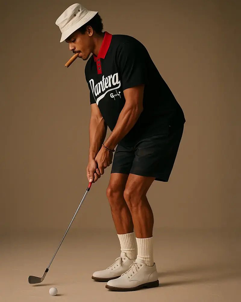 Pantera Golf Polo by Top Down Control Golf Cigar Model Mid Swing Black Red