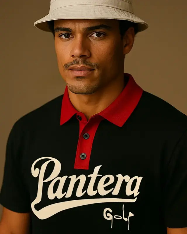 Pantera Golf Polo Model Close Up Front Pose Tan Red Black Performance Polo Top Down Control