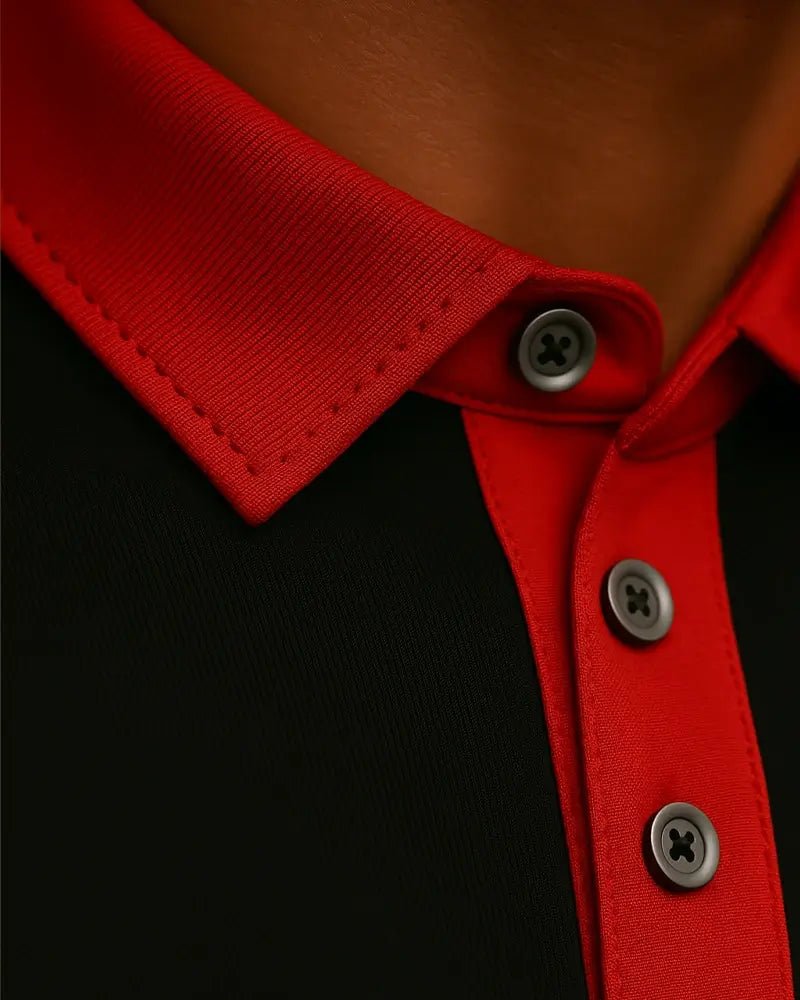 Pantera Golf Polo by Top Down Control red collar placket close up macro shot red