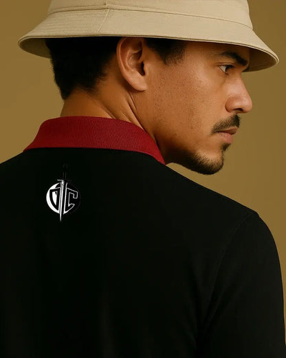 Pantera Golf Polo Model Close Up Back Pose Tan Red Black Performance Polo Top Down Control