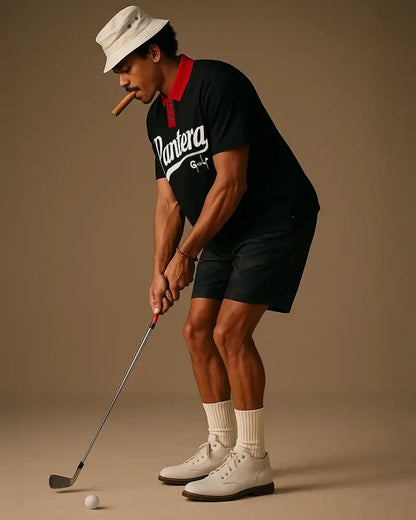 Pantera Golf Polo by Top Down Control Golf Cigar Model Mid Swing Black Red