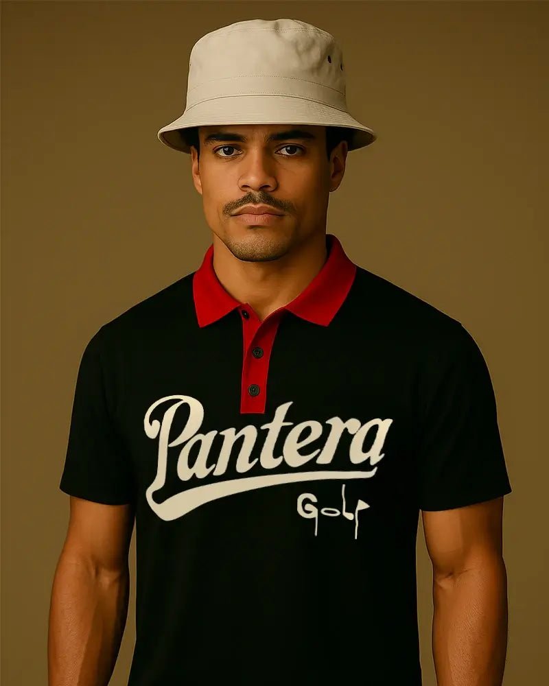 Pantera Golf Polo Model Front Pose Tan Red Black Performance Polo Top Down Control