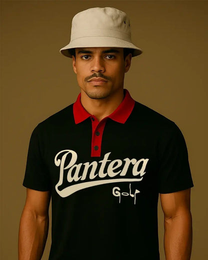 Pantera Golf Polo Model Front Pose Tan Red Black Performance Polo Top Down Control