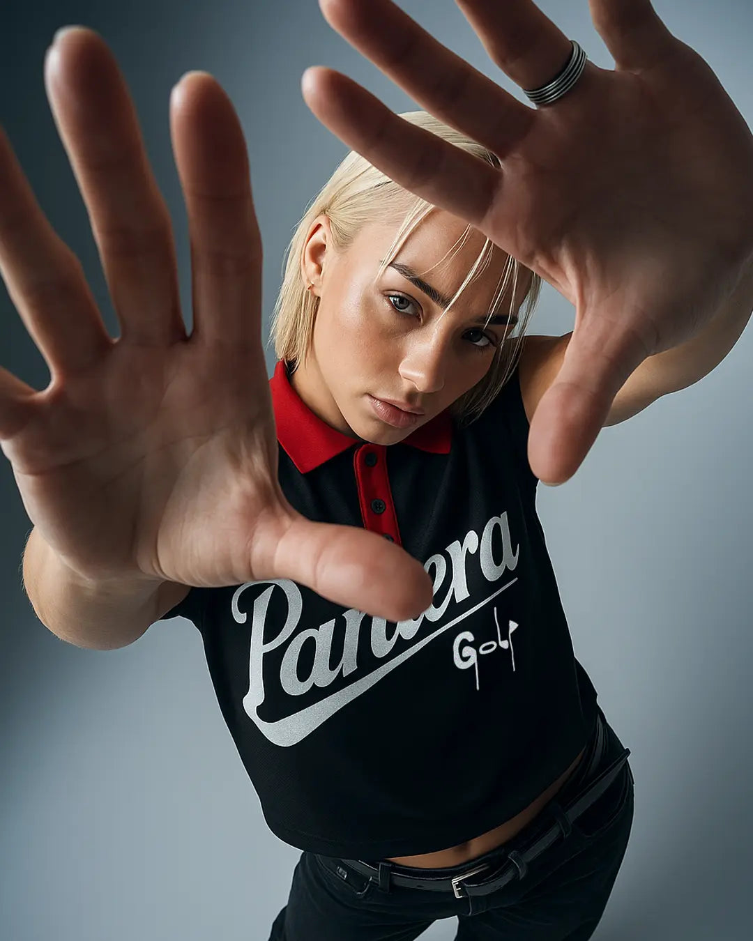 Top Down Control Woman Blonde Hands Pantera Golf Photoshoot Dynamic Red Black 
